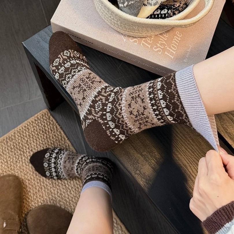 Chaussettes Mi-Mollet Pour Femmes, Style Ethnique, À Motif Géométrique Et Color Block, Légèrement Rebondissantes h5Image3