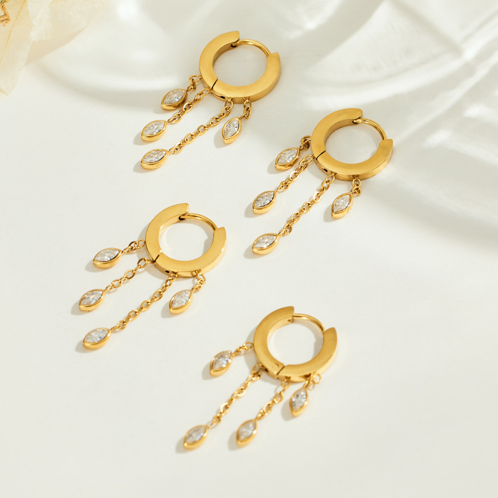 Boucles D'Oreilles Pendantes Pour Femme, Collection Simple, En Acier Inoxydable, Couleur Or, Avec Zircon, Étanches. Image3