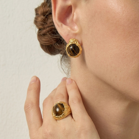 Boucles D'Oreilles Pour Femmes En Acier Inoxydable À Motif Martelé, Couleur Or, Imperméables, Avec Pierres Naturelles 2