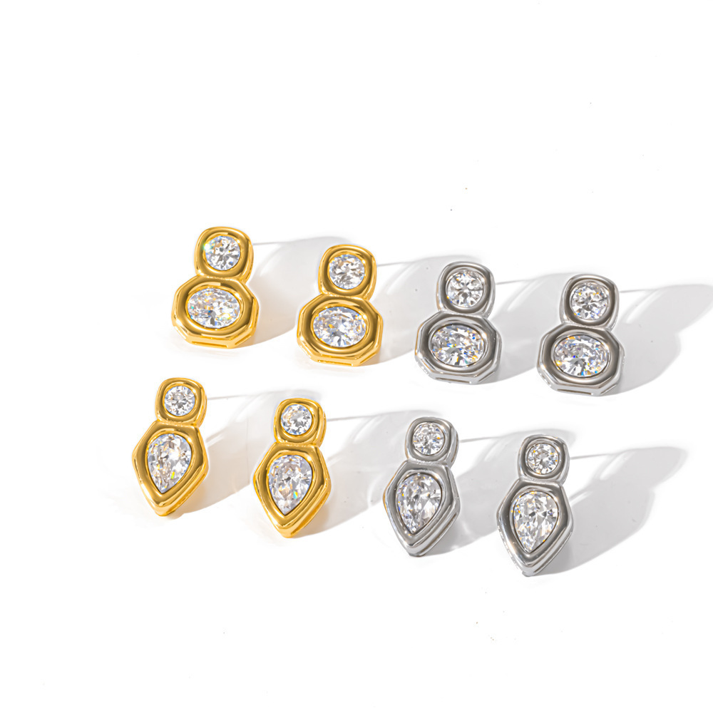 Boucles D'Oreilles Puces Pour Femmes, Forme Géométrique, En Acier Inoxydable, Étanches, Couleur Or, Ornées De Strass. Image4