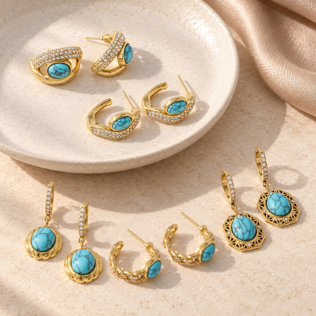 Boucles D'Oreilles Créoles Pour Femmes, Style Rétro, Forme Irrégulière, Acier Inoxydable, Couleur Or, Pierre Naturelle, Collection Romantique