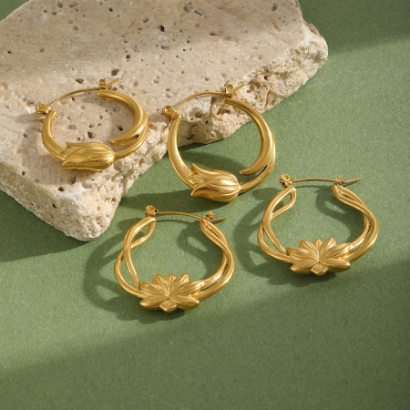 Boucles D'Oreilles Créoles Sweet Flower Pour Femmes, En Acier Inoxydable Étanche, Couleur Or