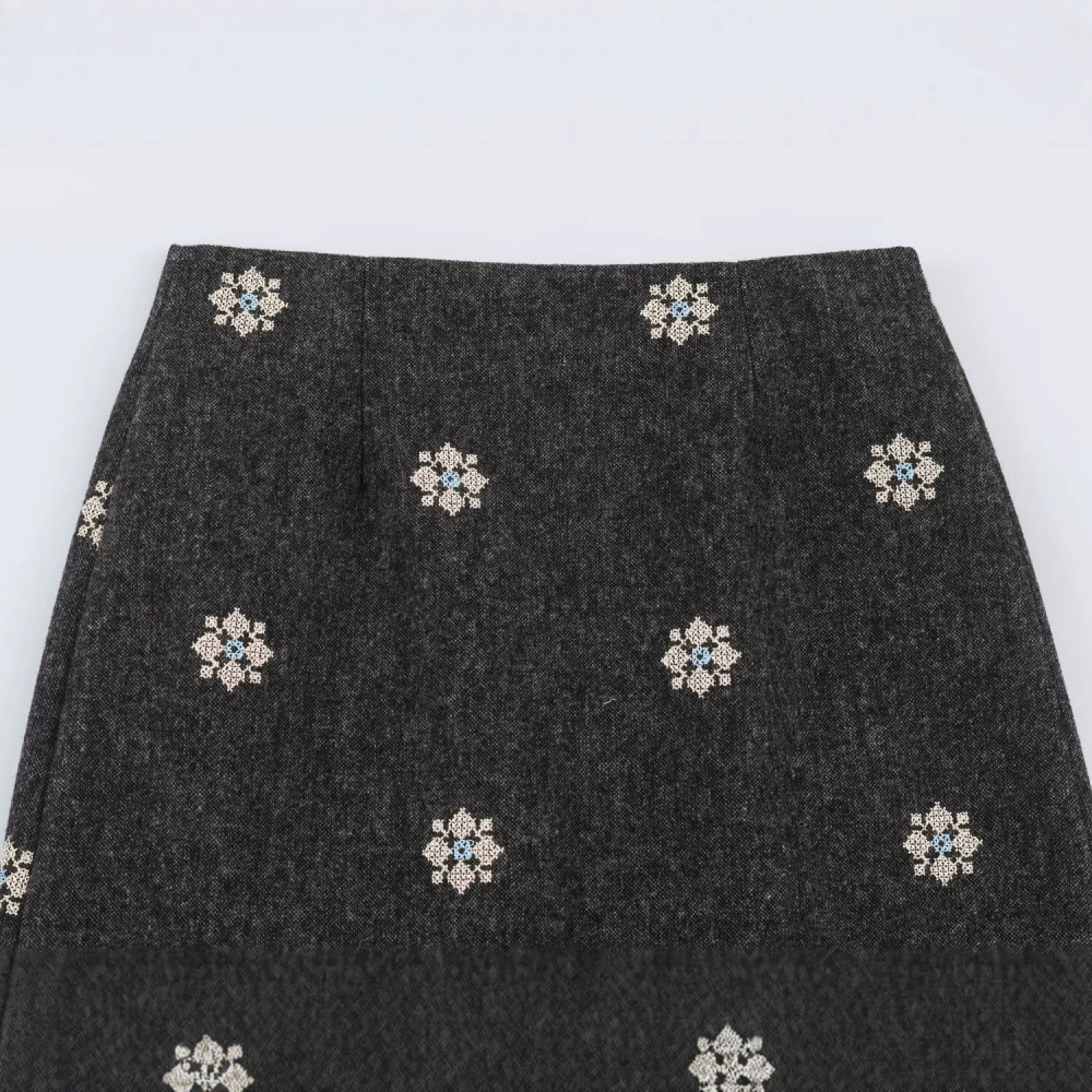 Jupes En Laine Tricotée, Coupe Ajustée, Imprimé Floral Uni Rétro, Broderie Image3
