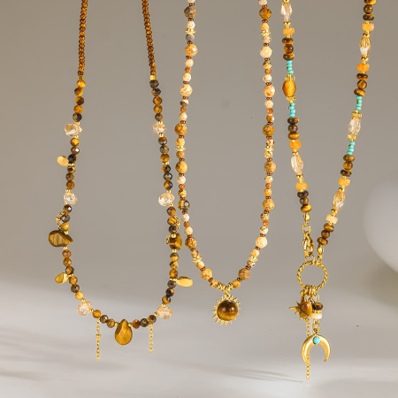 Colliers De Perles Rétro Classiques Pour Femmes, Motif Soleil Et Lune, Pierres Naturelles Couleur Or
