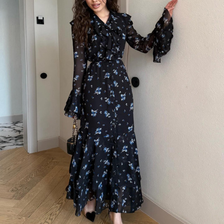 Robes Maxi Rétro À Imprimé Floral Et À Volants, Coupe Ajustée