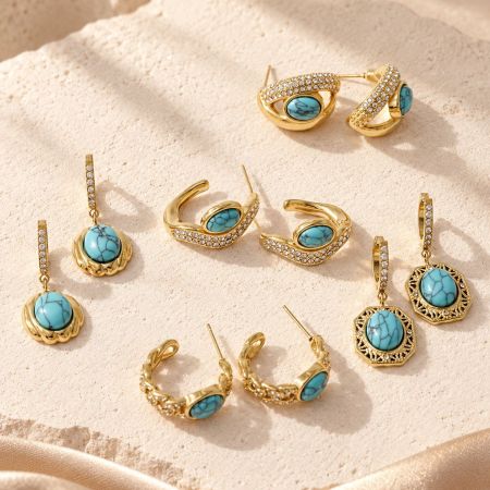 Boucles D'Oreilles Créoles Pour Femmes, Style Rétro, Forme Irrégulière, Acier Inoxydable, Couleur Or, Pierre Naturelle, Collection Romantique 2