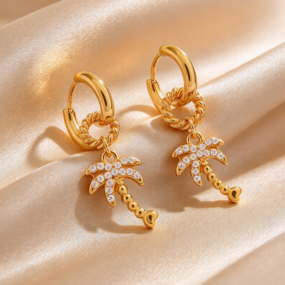 Boucles D'Oreilles Pendantes Pour Femme En Acier Inoxydable Doré Avec Zircon, En Forme De Cocotier Image4
