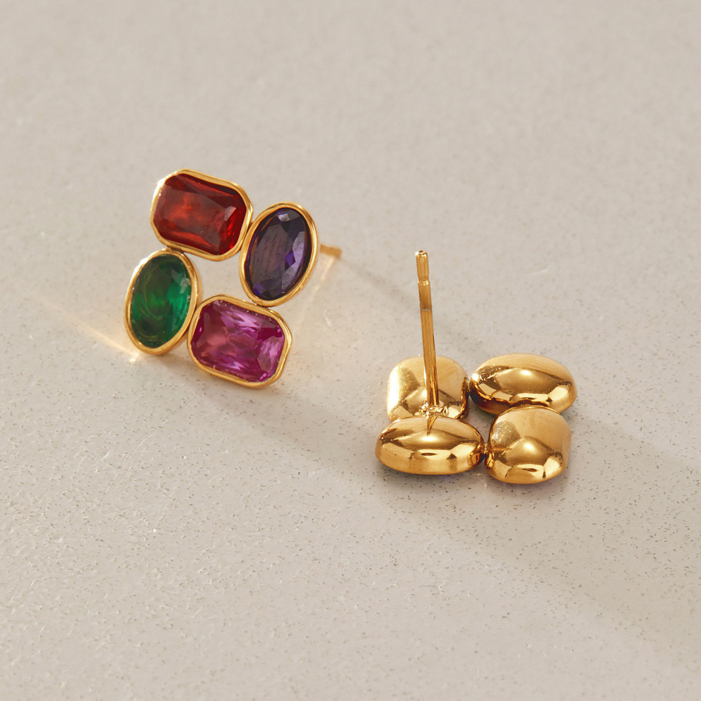 Boucles D'Oreilles Puces Pour Femmes, Forme Géométrique Patchwork, Acier Inoxydable, Couleur Or, Zircon, Étanches h5Image4