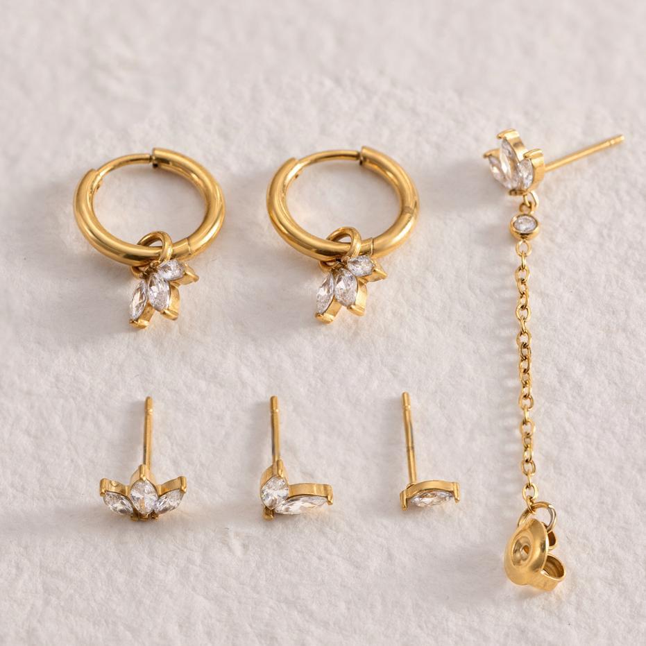 Boucles D'Oreilles Pour Femmes En Acier Inoxydable Imperméable Couleur Or Avec Zircon, Ornées De Fleurs Image2