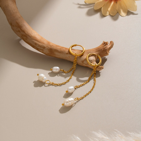 Boucles D'Oreilles Pendantes Pour Femme En Acier Inoxydable, Imperméables, Couleur Or, Avec Perles D'Eau Douce