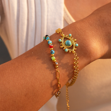 Bracelet Chaîne Femme Luxueux Série Rétro Œil Du Diable Forme Irrégulière Cercle Géométrique Acier Inoxydable Étanche Couleur Or Pierre Naturelle 2