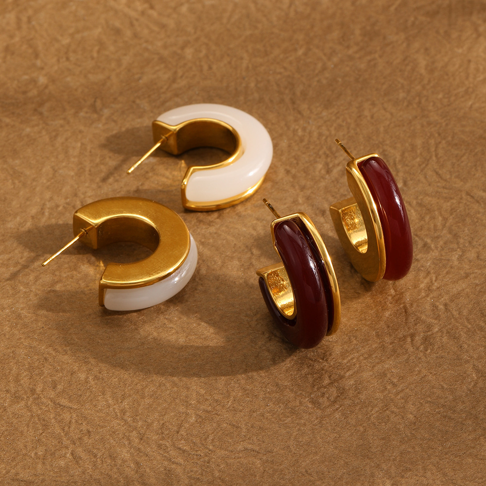 Boucles D'Oreilles Puces Pour Femmes, En Résine Unie Et Acier Inoxydable, Couleur Or, Étanches Image2