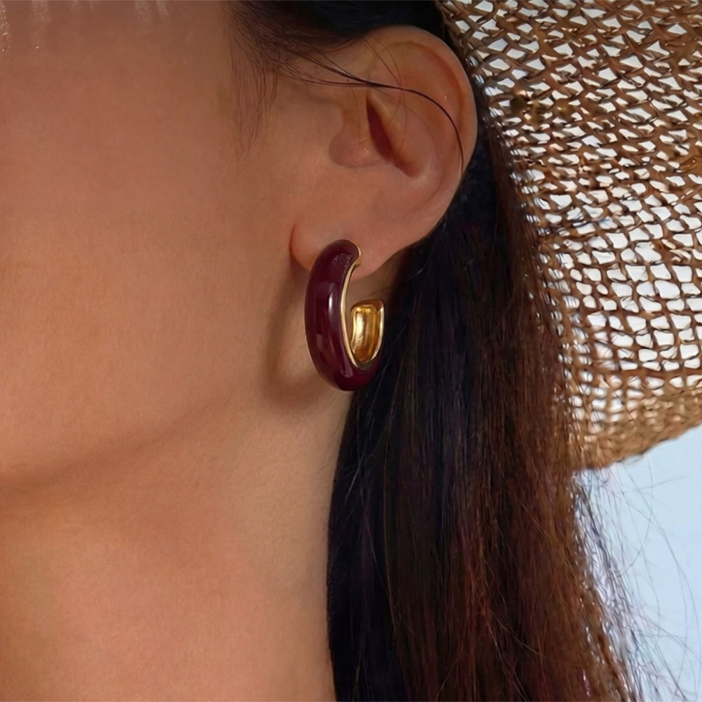Boucles D'Oreilles Puces Pour Femmes, En Résine Unie Et Acier Inoxydable, Couleur Or, Étanches Image3