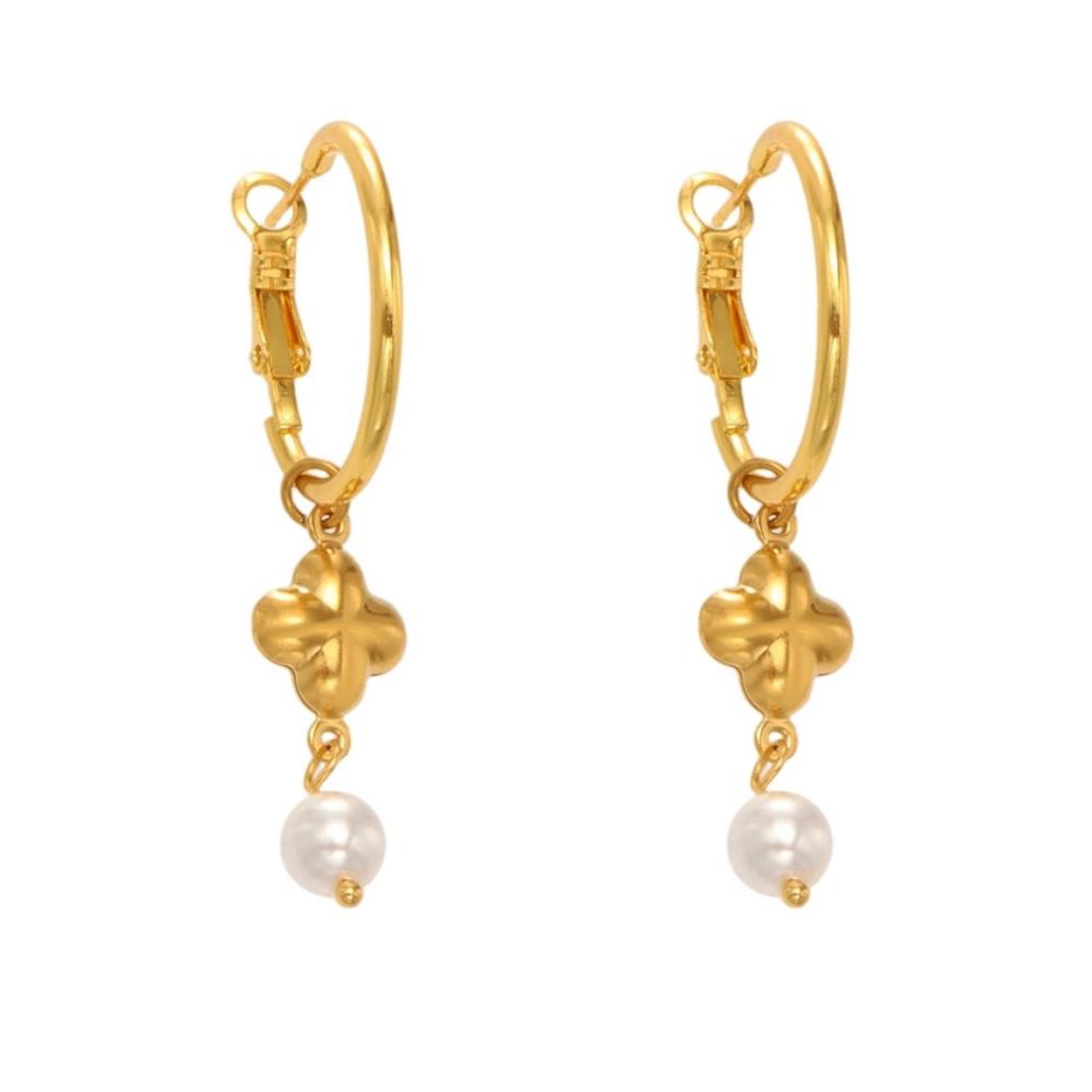 1 Paire De Boucles D'Oreilles Pendantes Élégantes En Acier Inoxydable Doré, Motif Trèfle, Pour Femme.