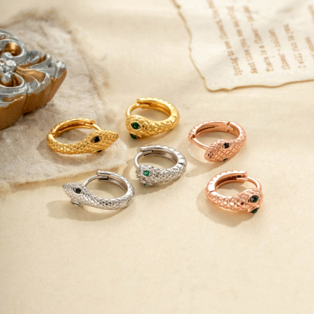 Boucles d'oreilles créoles élégantes pour femme, motif serpent, cuivre et zircon (1 pièce)