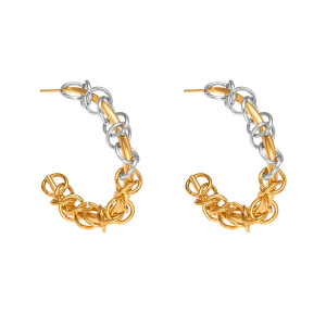 1 Paire De Boucles D'Oreilles Créoles Pour Femme En Acier Inoxydable, Couleurs Or Et Argent Mélangés, Étanches. h5 