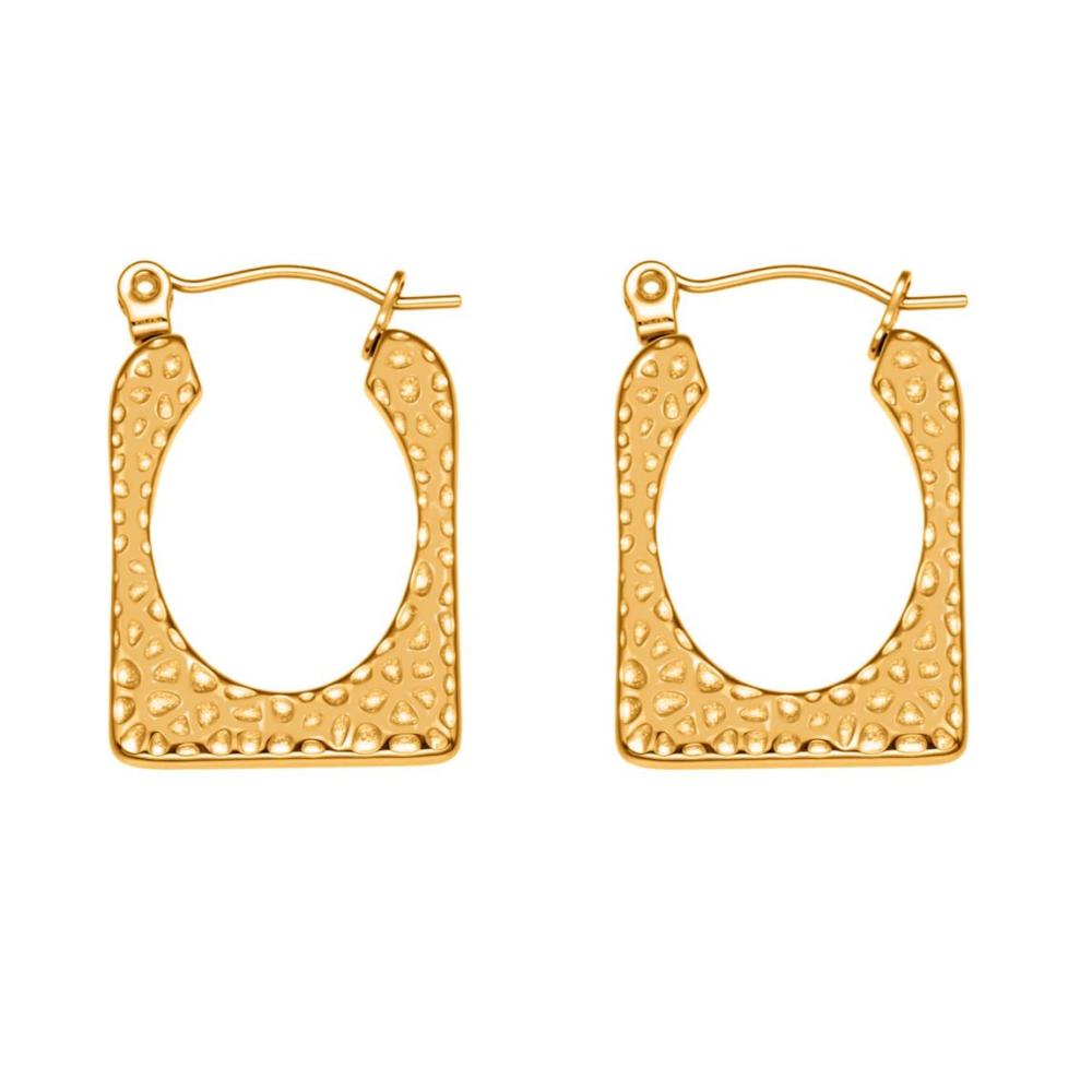 1 Paire De Boucles D'Oreilles Créoles Rectangulaires En Acier Inoxydable Doré, Imperméables, À Motif Martelé.