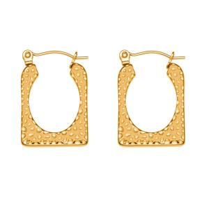 1 Paire De Boucles D'Oreilles Créoles Rectangulaires En Acier Inoxydable Doré, Imperméables, À Motif Martelé. h5