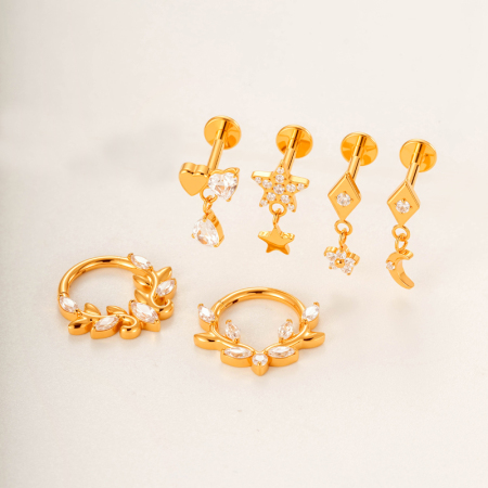 Boucles d'oreilles piercing femme en titane et zircon, motif feuille simple (1 pièce)
