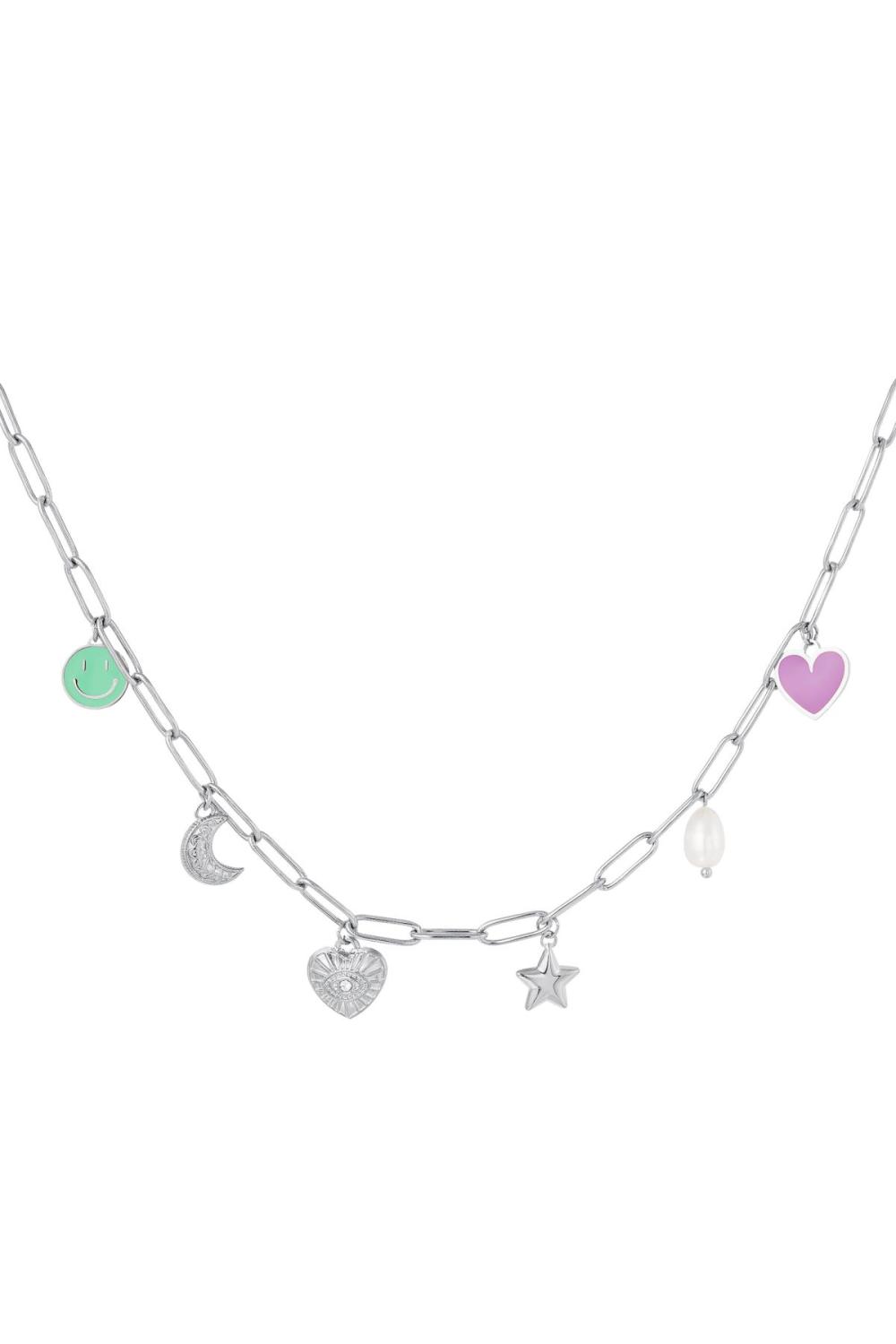 Collier Lié Avec Six Breloques Argenté Acier Inoxydable 