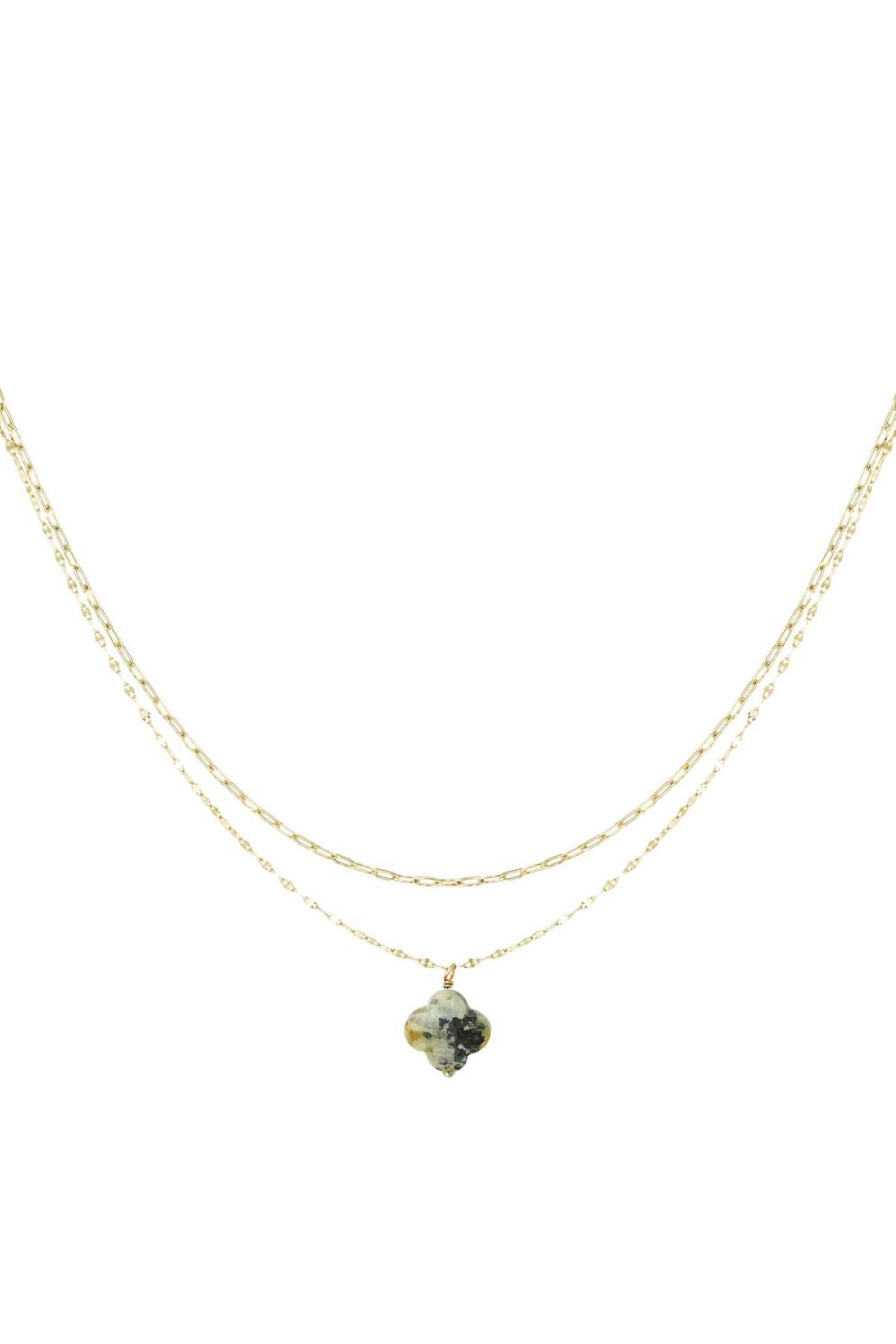 Collier Double Avec Pendentif Trèfle - Collection Pierres Naturelles Vert & Couleur Or Acier Inoxydable 