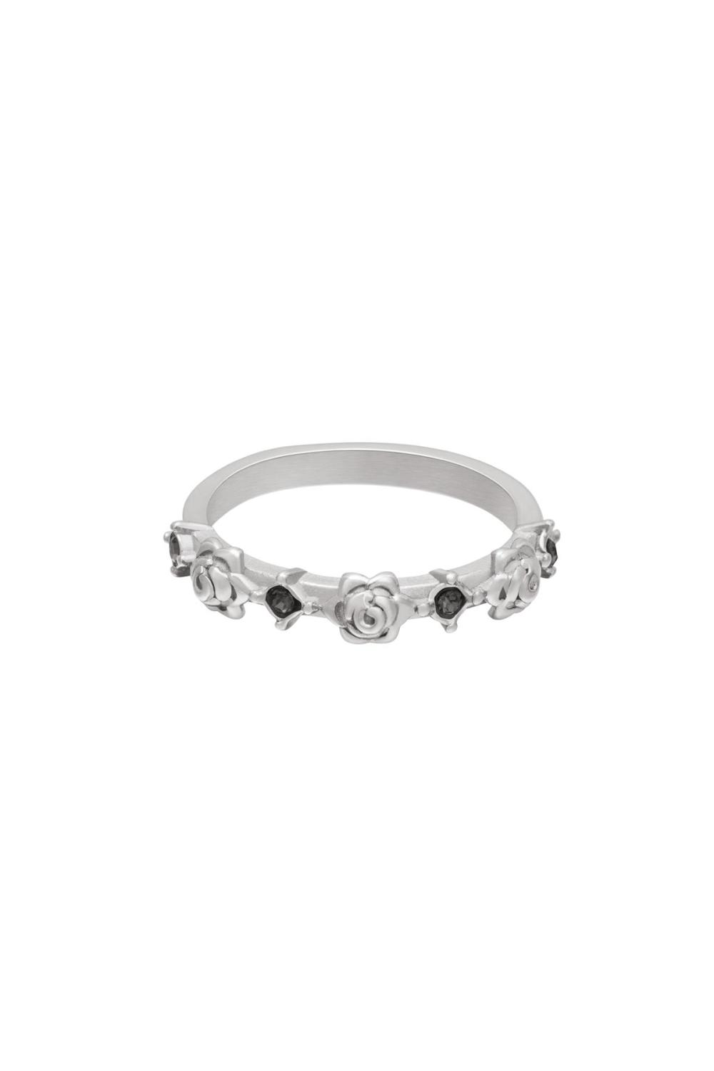 Bague Roses Et Pierres De Zircon Noir & Argenté Acier Inoxydable 16