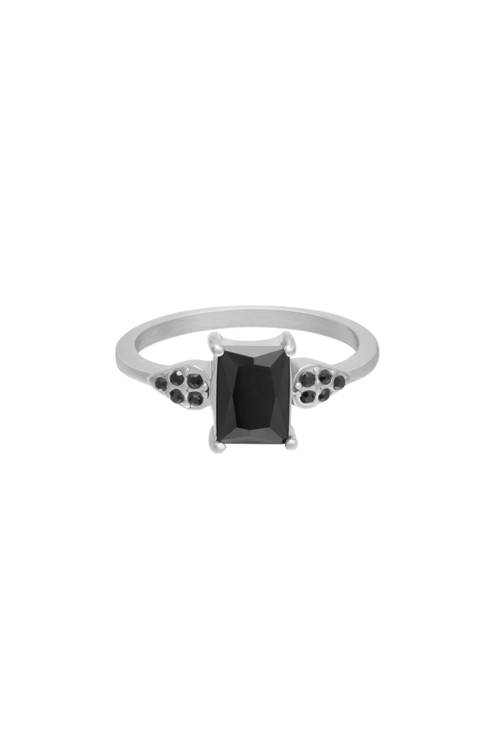 Bague Pierre Carrée Brillante Noir & Argenté Acier Inoxydable 16 