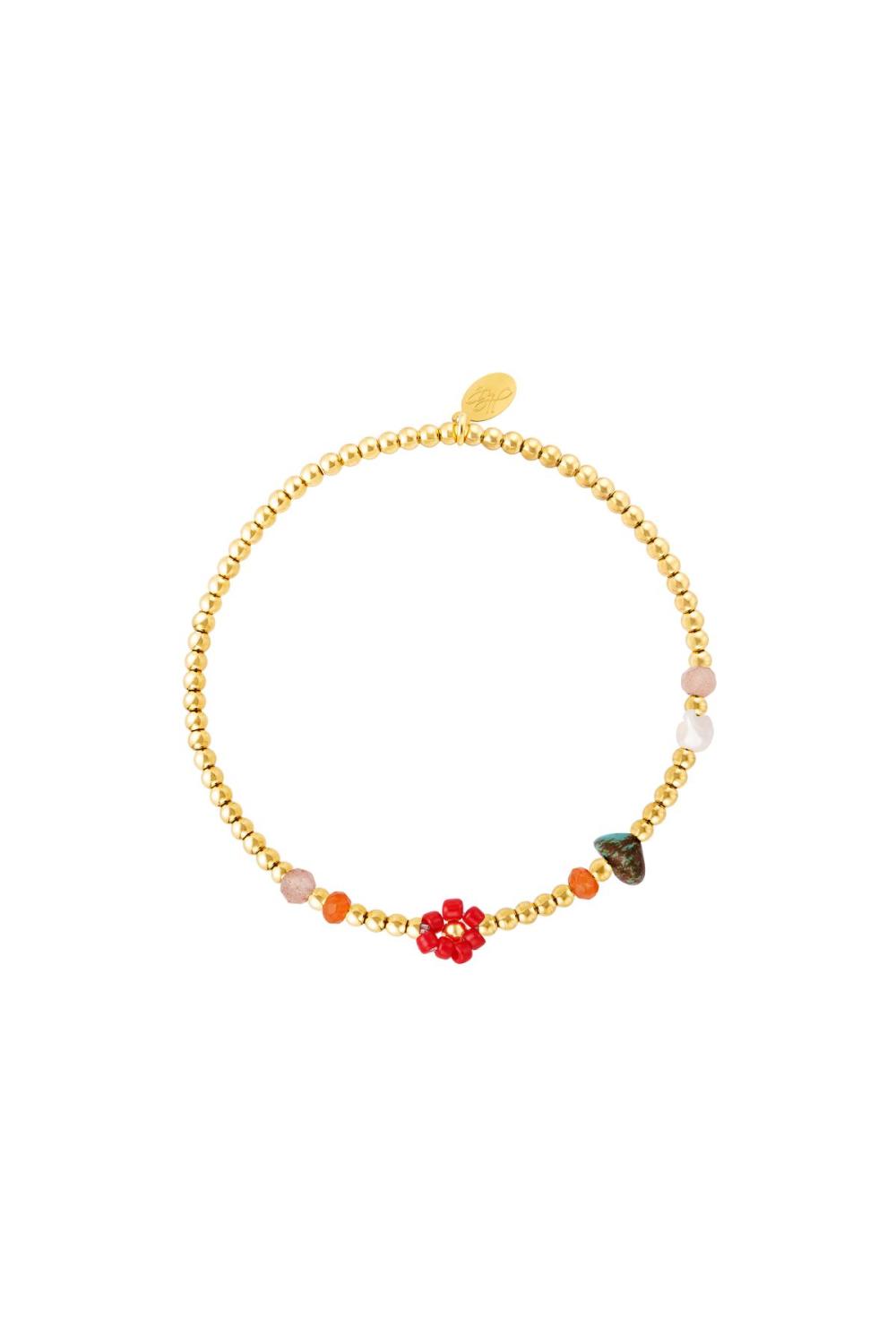 Bracelet En Acier Inoxydable Doré Fleur Rouge 