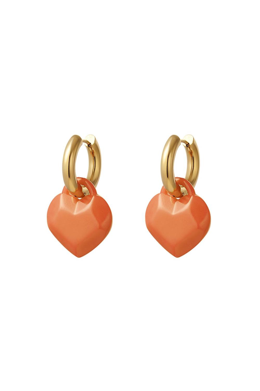 Boucles D'oreilles Avec Breloque En Forme De Cœur Abstrait Couleur Orange & Couleur Or Acier Inoxydable