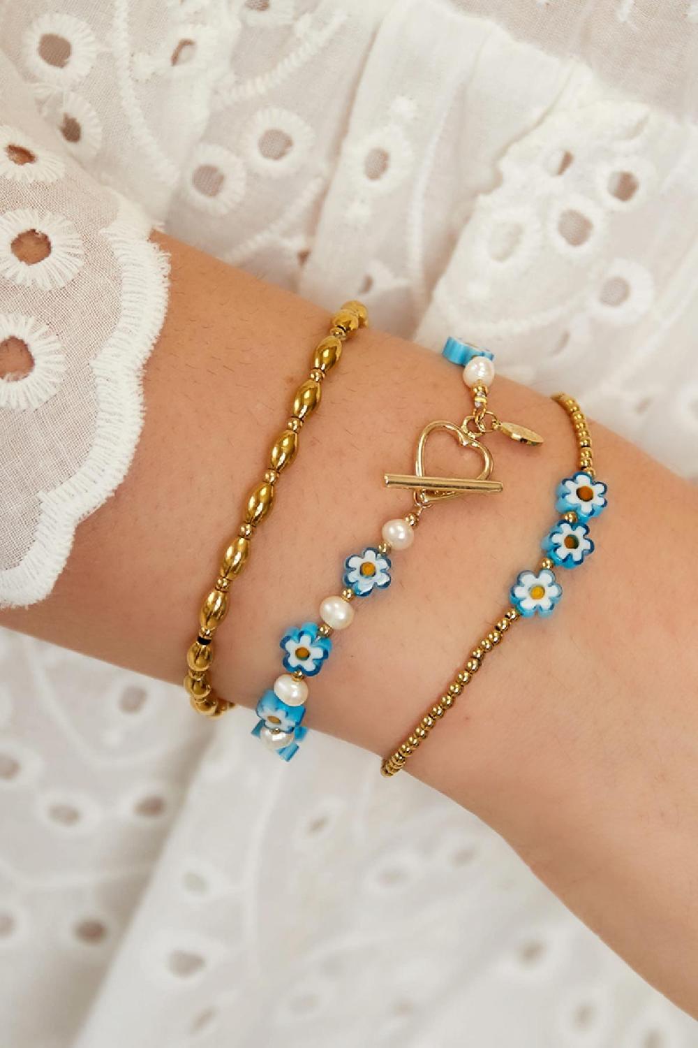 Bracelet Petite Marguerite - Collection Plage Bleu & Couleur Or Acier Inoxydable h5Image2