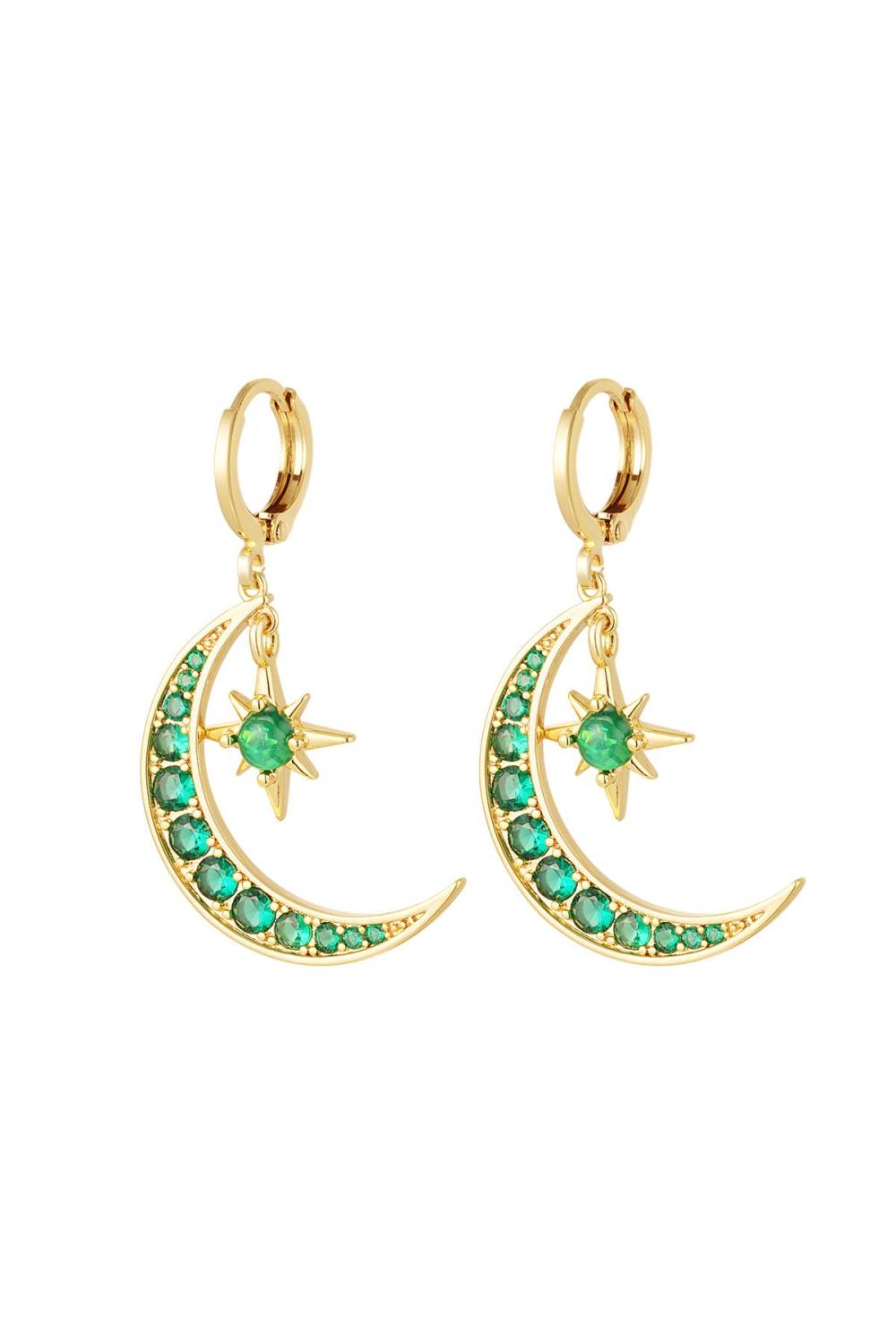 Boucles D'oreilles Lune Et Étoile - Collection Sparkle Vert & Couleur Or Cuivré 