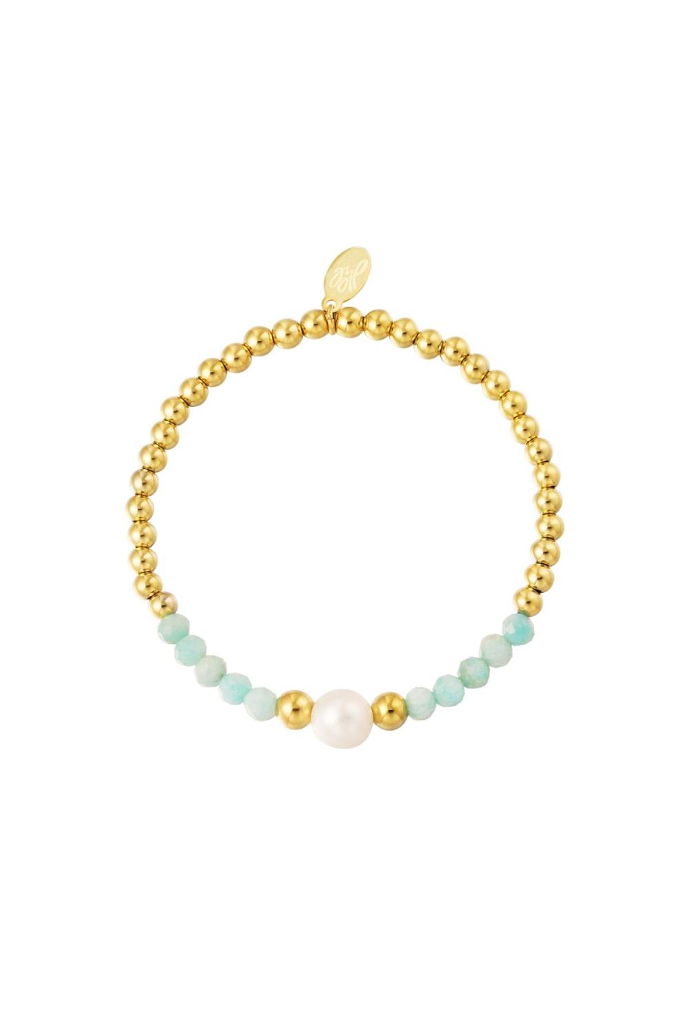 Bracelet Perlé Avec Pierres Colorées Et 1 Perle Bleu & Couleur Or Acier Inoxydable 