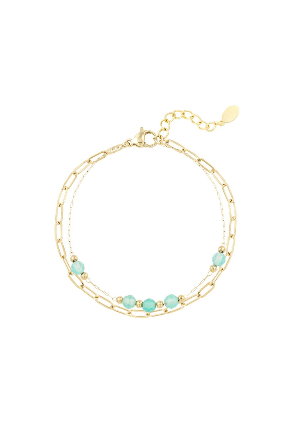 Bracelet Double Maillons/Perles Rondes - Collection Pierres Naturelles Vert & Couleur Or Acier Inoxydable 