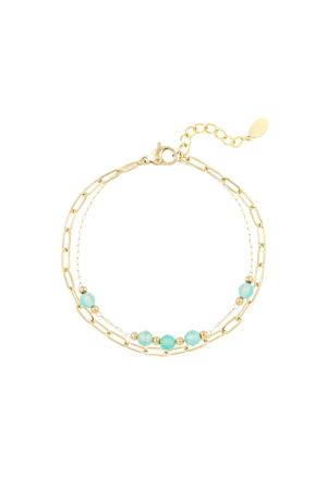 Bracelet Double Maillons/Perles Rondes - Collection Pierres Naturelles Vert & Couleur Or Acier Inoxydable h5 