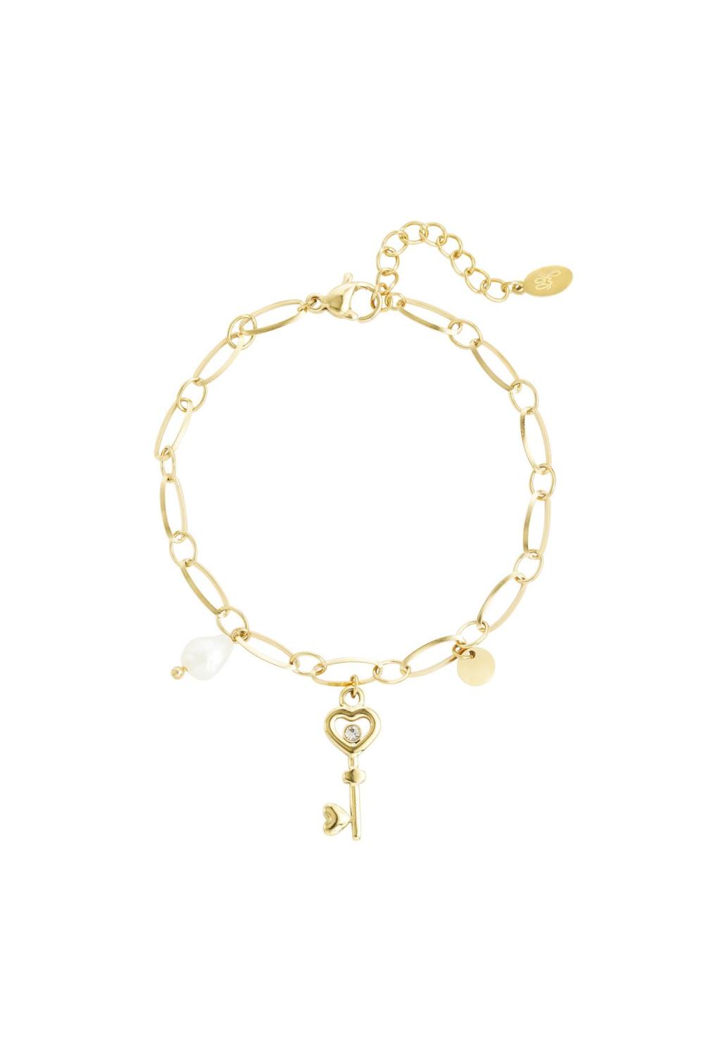 Bracelet Lien Breloque Clé & Perle Couleur Or Acier Inoxydable 