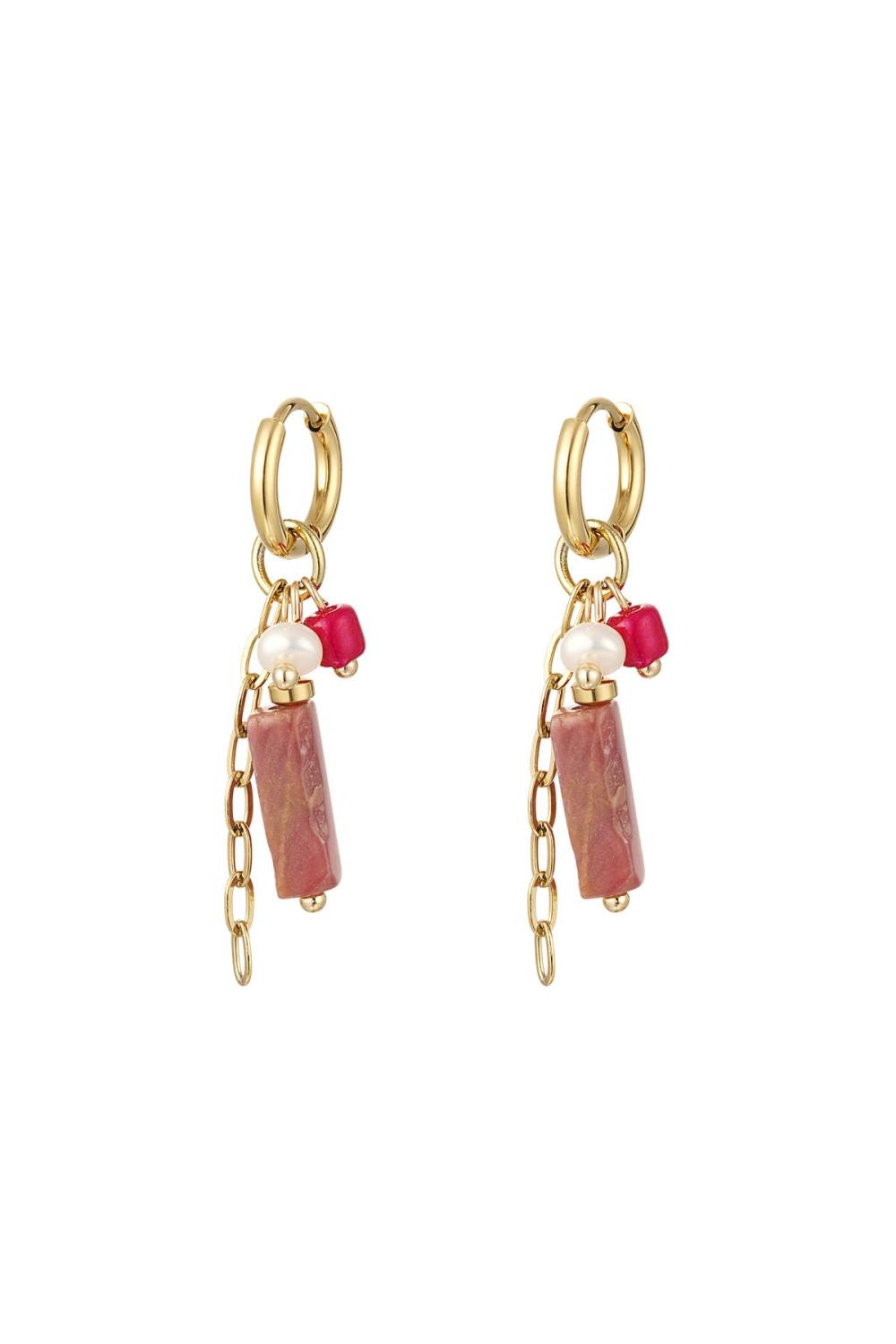 Boucles D'oreilles Pierre Rectangulaire Et Perles Rose & Couleur Or Acier Inoxydable 
