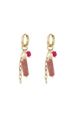 Boucles D'oreilles Pierre Rectangulaire Et Perles Rose & Couleur Or Acier Inoxydable h5 
