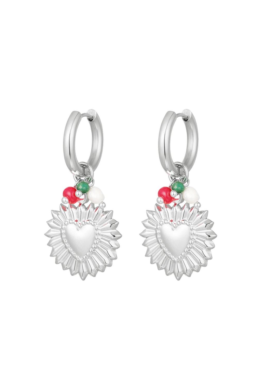 Boucles D'oreilles Coeur Fleur Argenté Acier Inoxydable