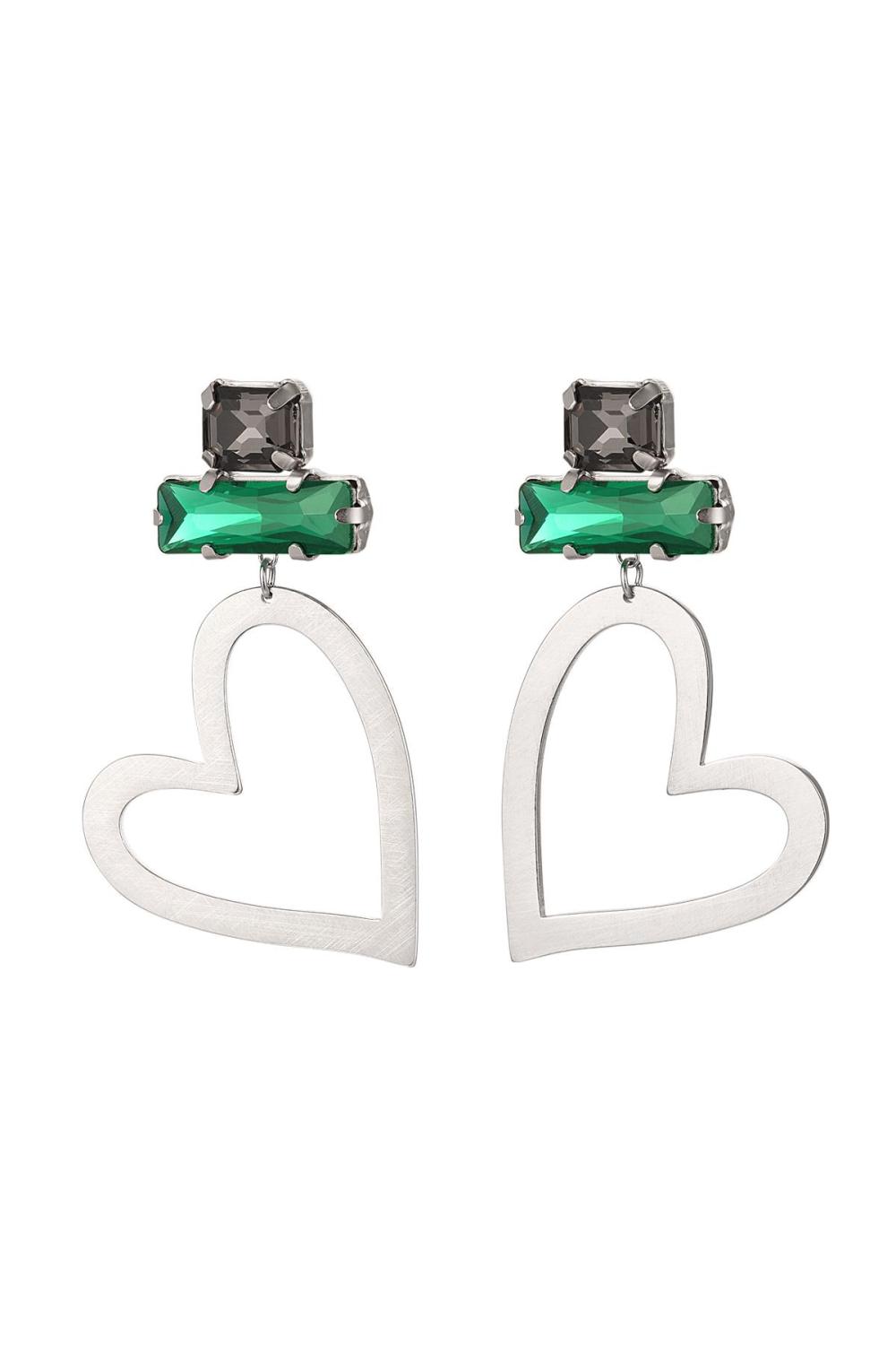 Boucles D'oreilles Coeur Avec Perles De Verre Vert& Argenté Acier Inoxydable 