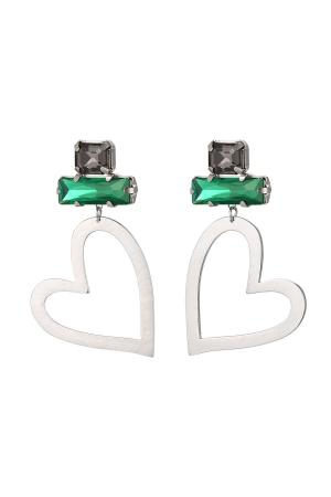 Boucles D'oreilles Coeur Avec Perles De Verre Vert& Argenté Acier Inoxydable h5 