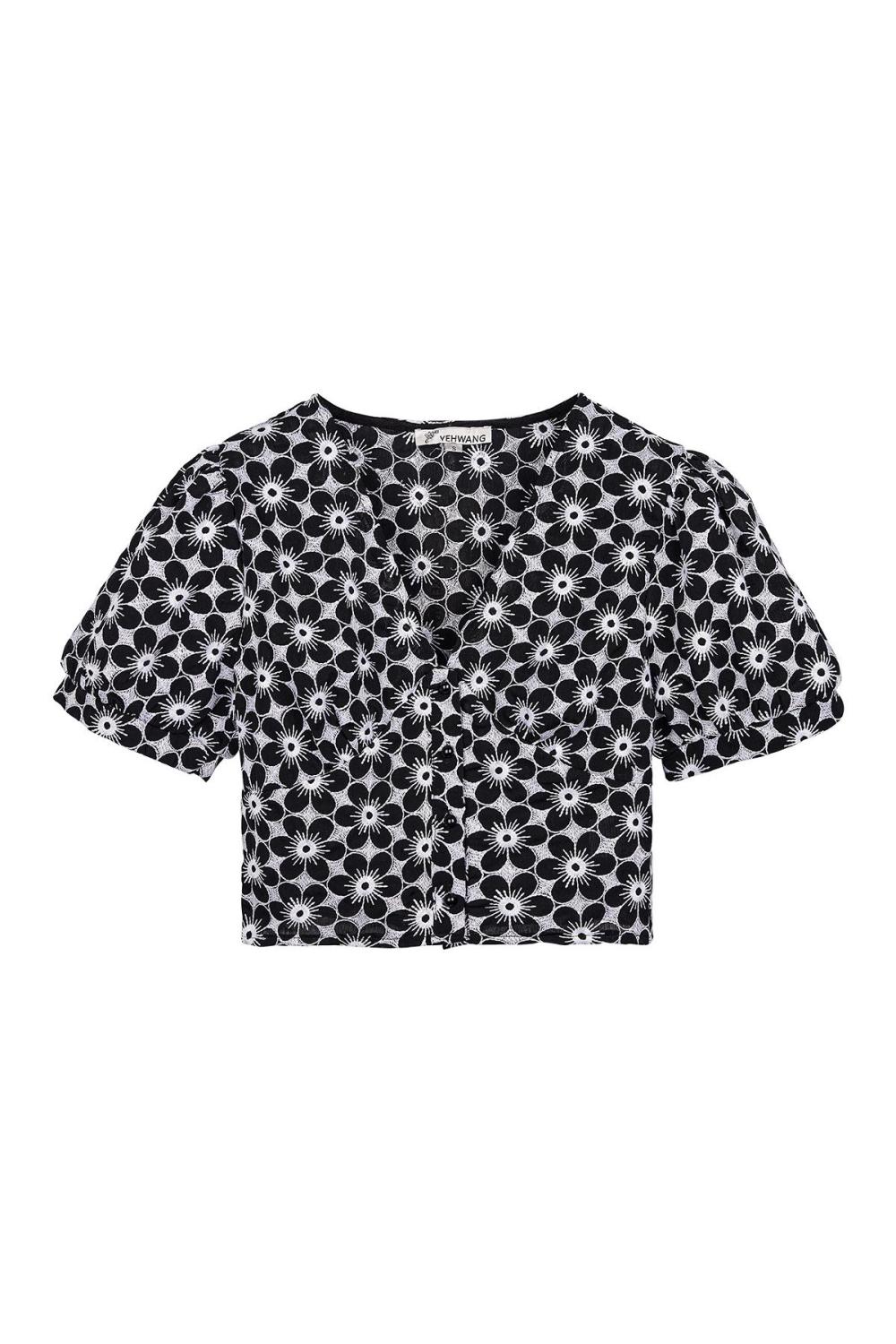 Polyester Femme Top Court Manches Courtes Imprimé Fleur Col V 