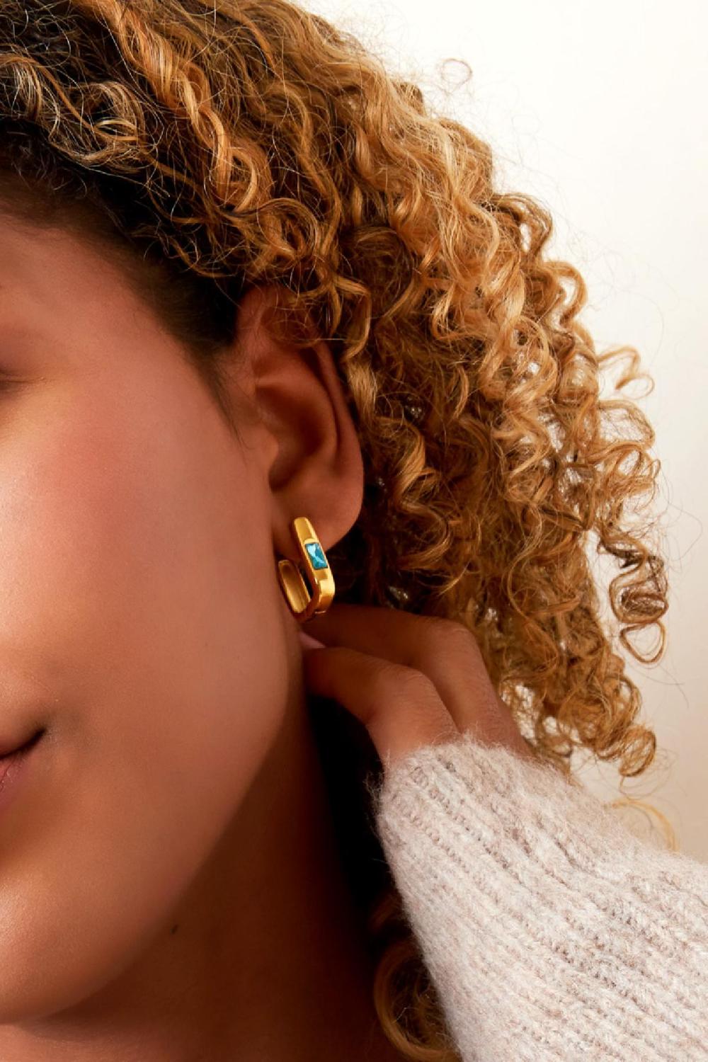 Boucles D'oreilles Carrées Avec Zircon Bleu & Couleur Or Acier Inoxydable h5Image3