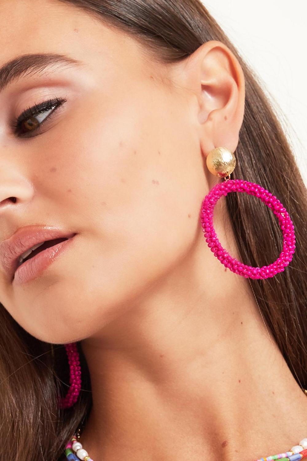 Boucles D'oreilles Rondes En Perles Colorées Fuchsia Alliage h5Image3