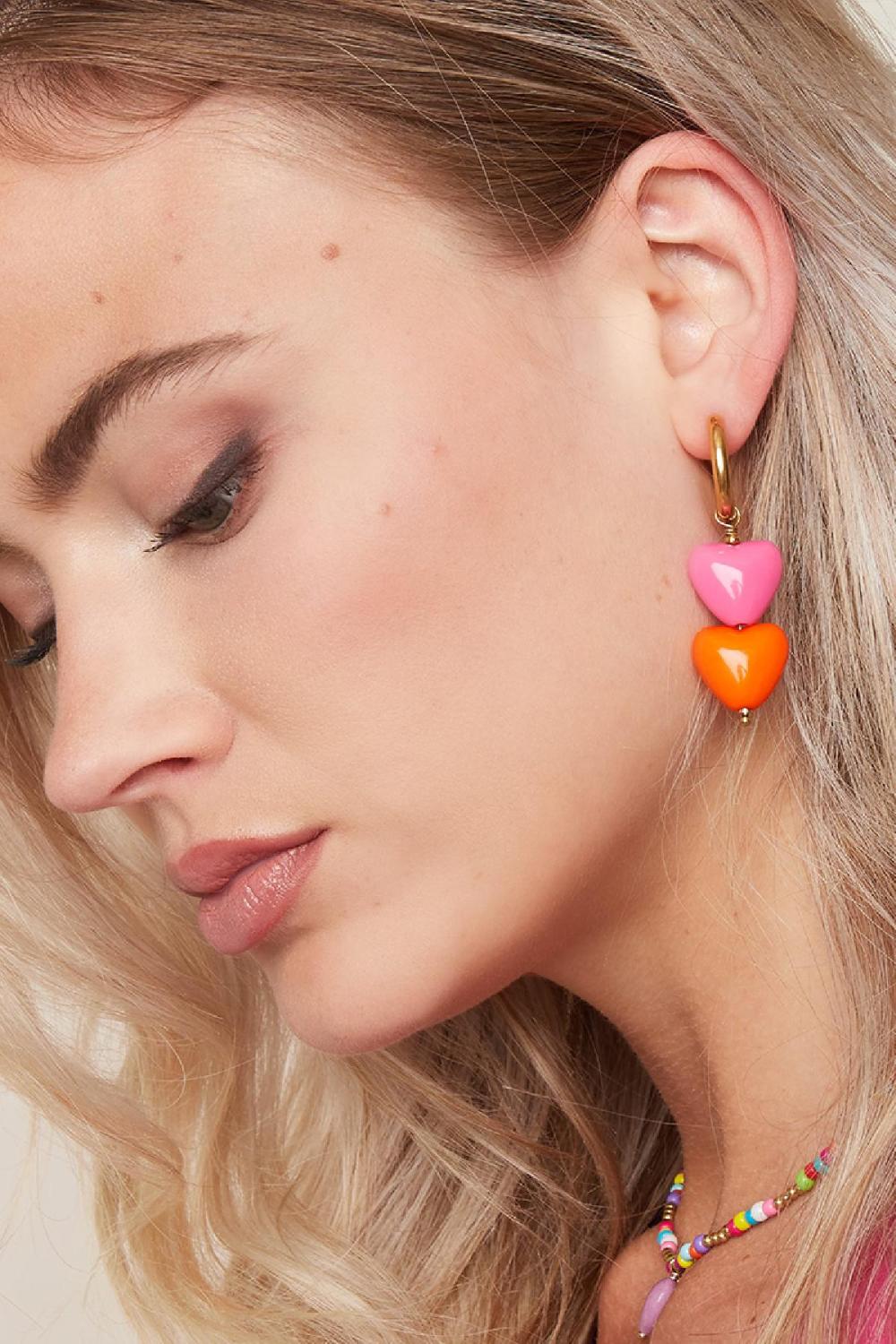 Boucles D'oreilles Coeurs Colorés - Collection #Summergirls Couleur Orange & Couleur Or Acier Inoxydable Image5