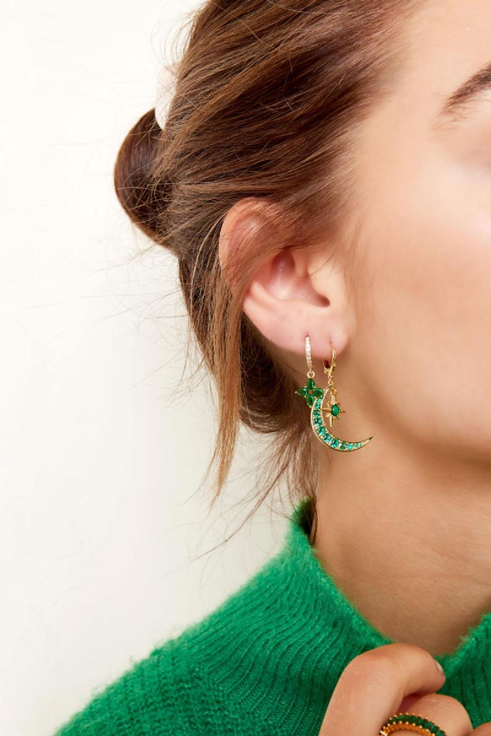 Boucles D'oreilles Lune Et Étoile - Collection Sparkle Vert & Couleur Or Cuivré Image3