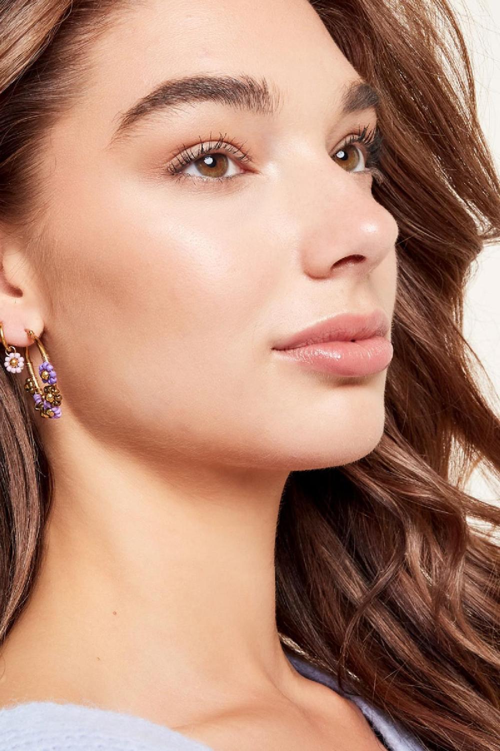 Boucles D'oreilles Fleurs Colorées Beige & Couleur Or Acier Inoxydable h5Image2
