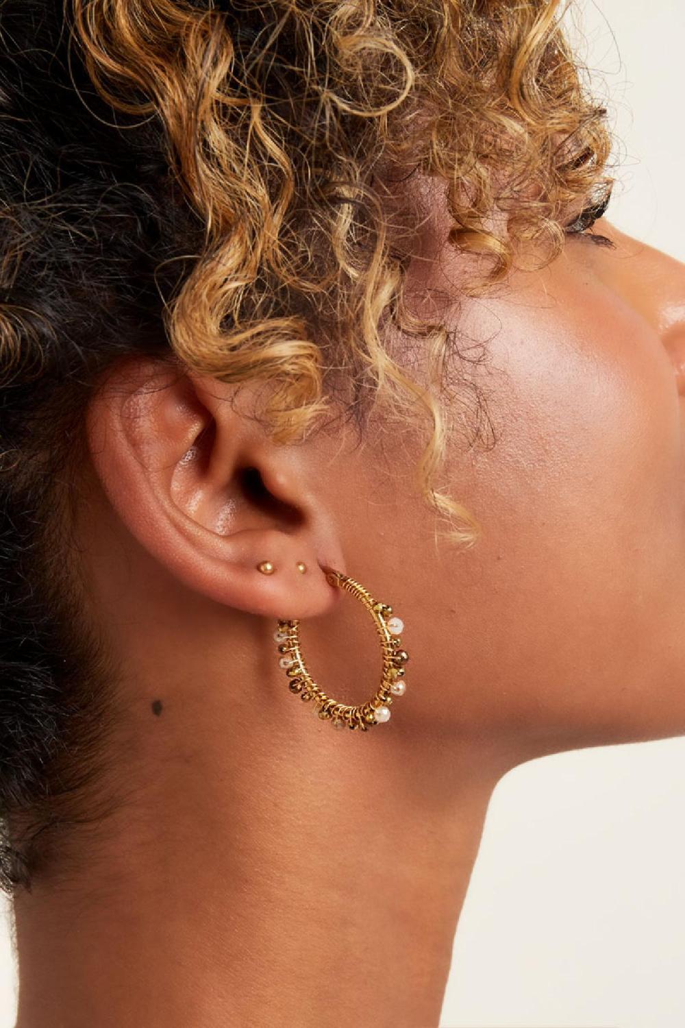 Boucles D'oreilles Créoles Avec Perles Colorées Violet Acier Inoxydable h5Image4