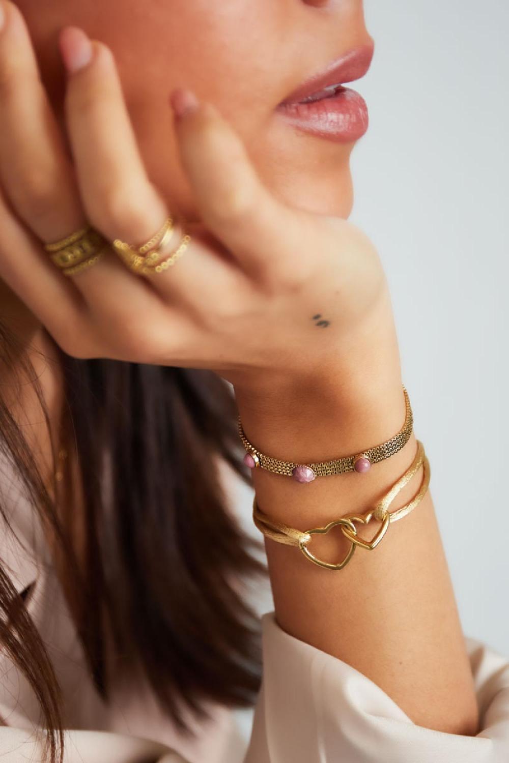 Bracelet Tissu Coeurs Rose & Couleur Or Acier Inoxydable h5Image2