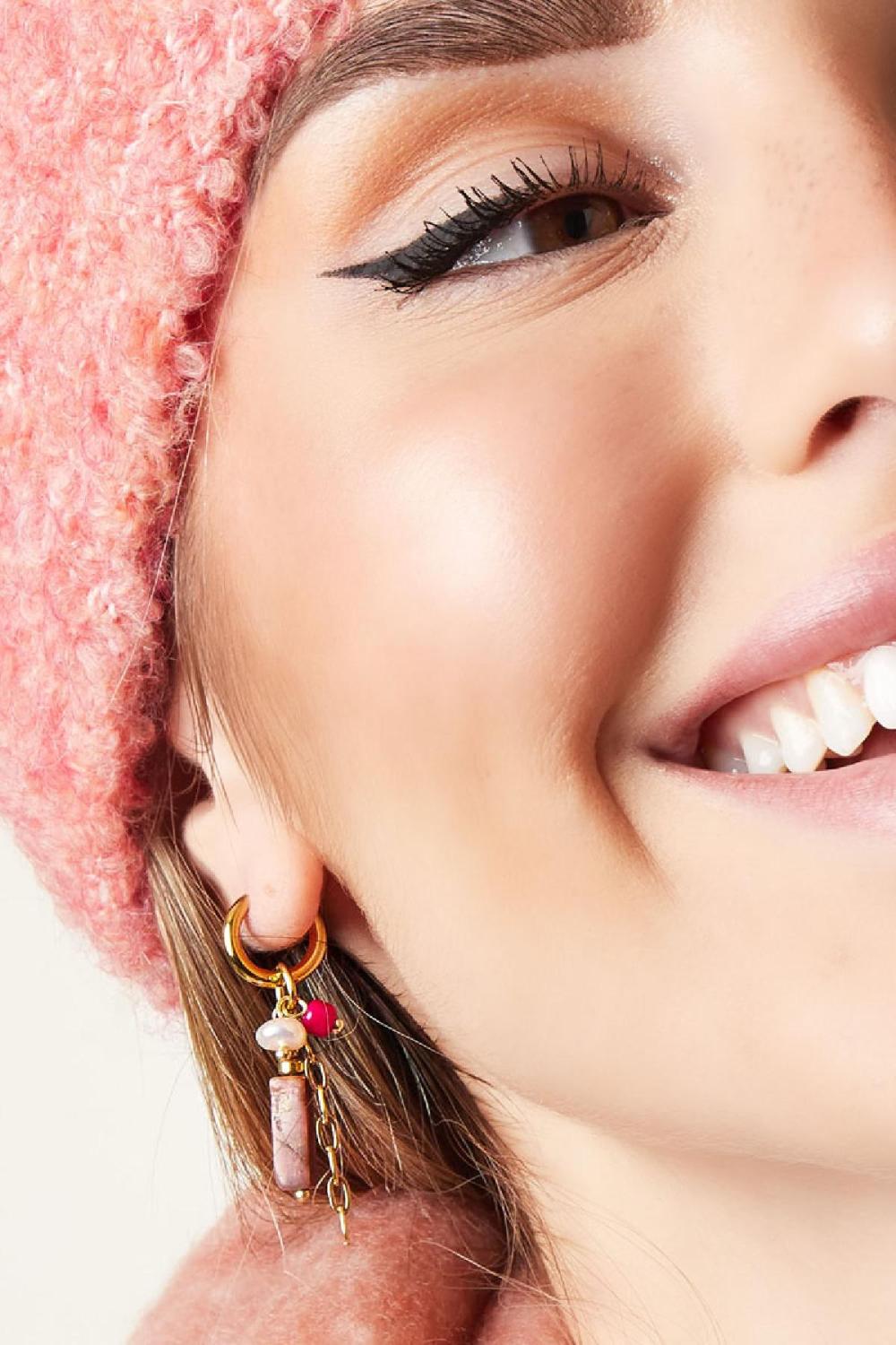 Boucles D'oreilles Pierre Rectangulaire Et Perles Rose & Couleur Or Acier Inoxydable Image2