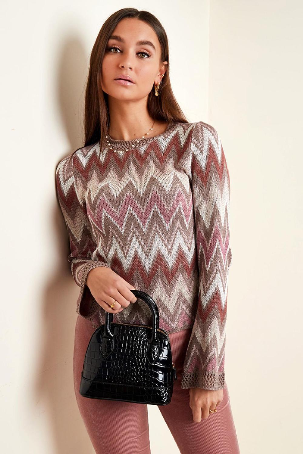 Pull Tricot Viscose Femme Motif Zigzag Élastique h5Image5